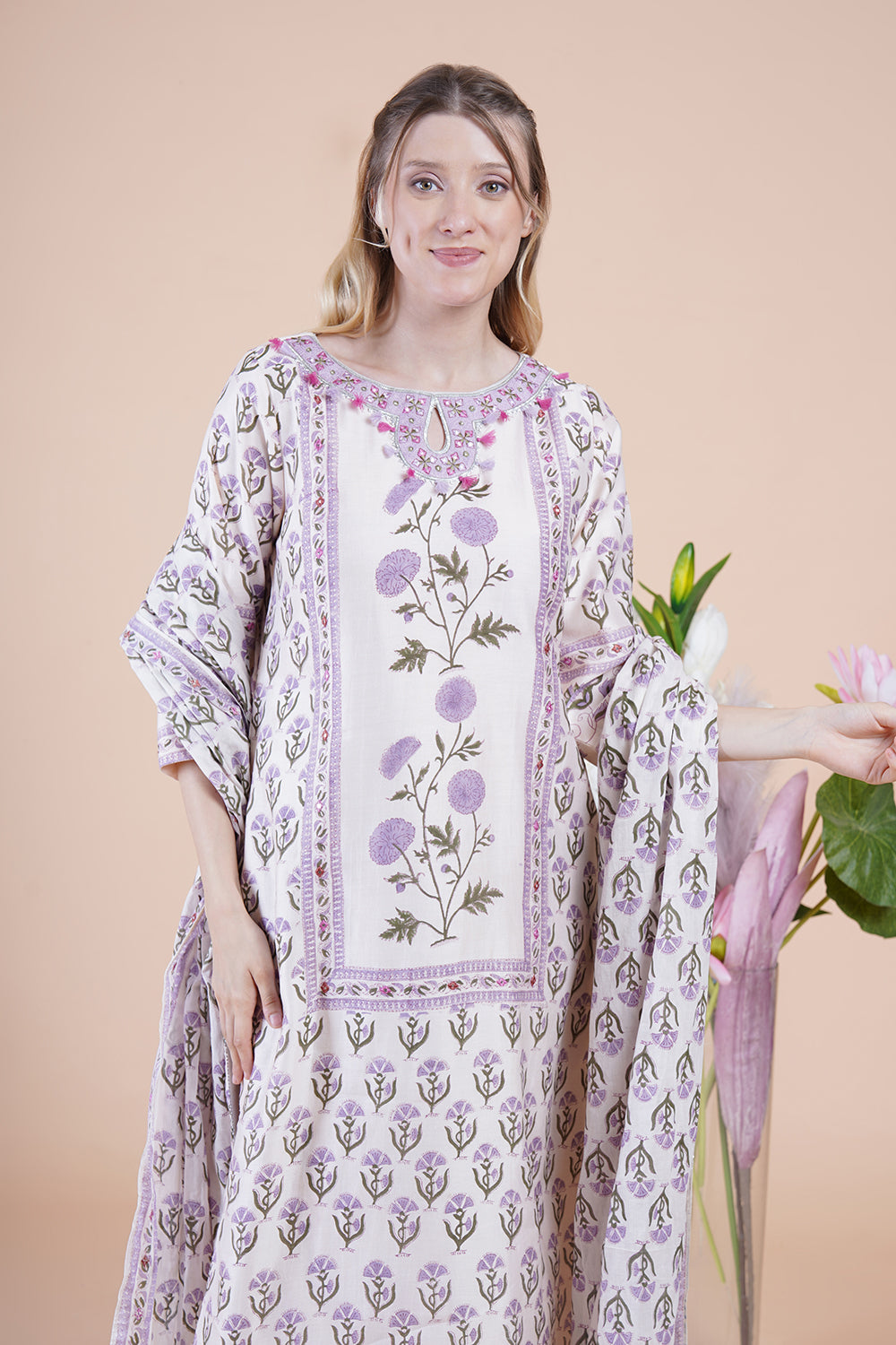 White block print with embroidered Kurta Set