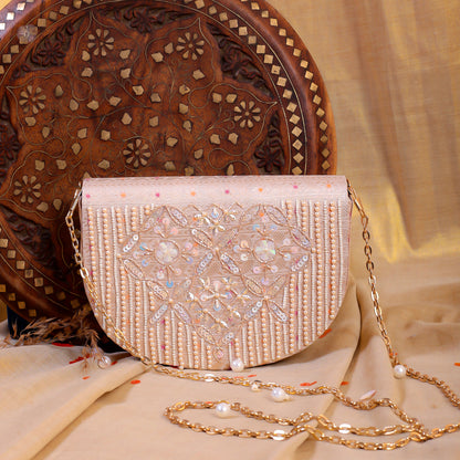 Peach Silk Brocade Hand Embroidery Clutch