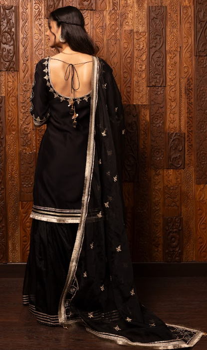 Black Embroidered Silk Chanderi Kurta Sharara Set