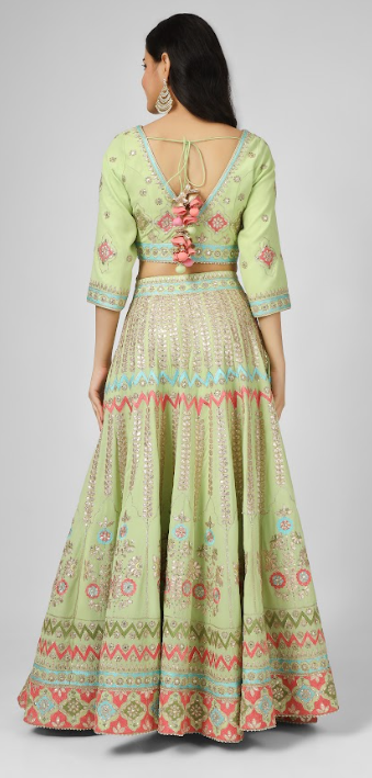 Lime Green Embroidered Georgette Lehenga Set