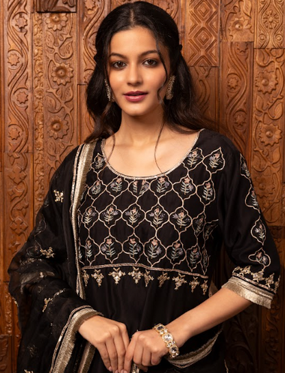 Black Embroidered Silk Chanderi Kurta Sharara Set