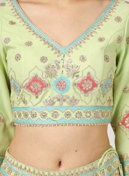 Lime Green Embroidered Georgette Lehenga Set