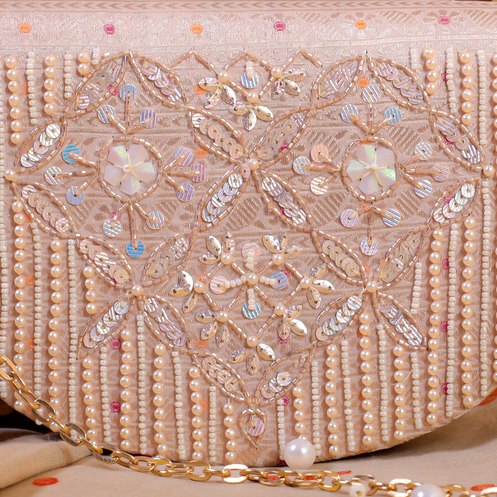 Peach Silk Brocade Hand Embroidery Clutch