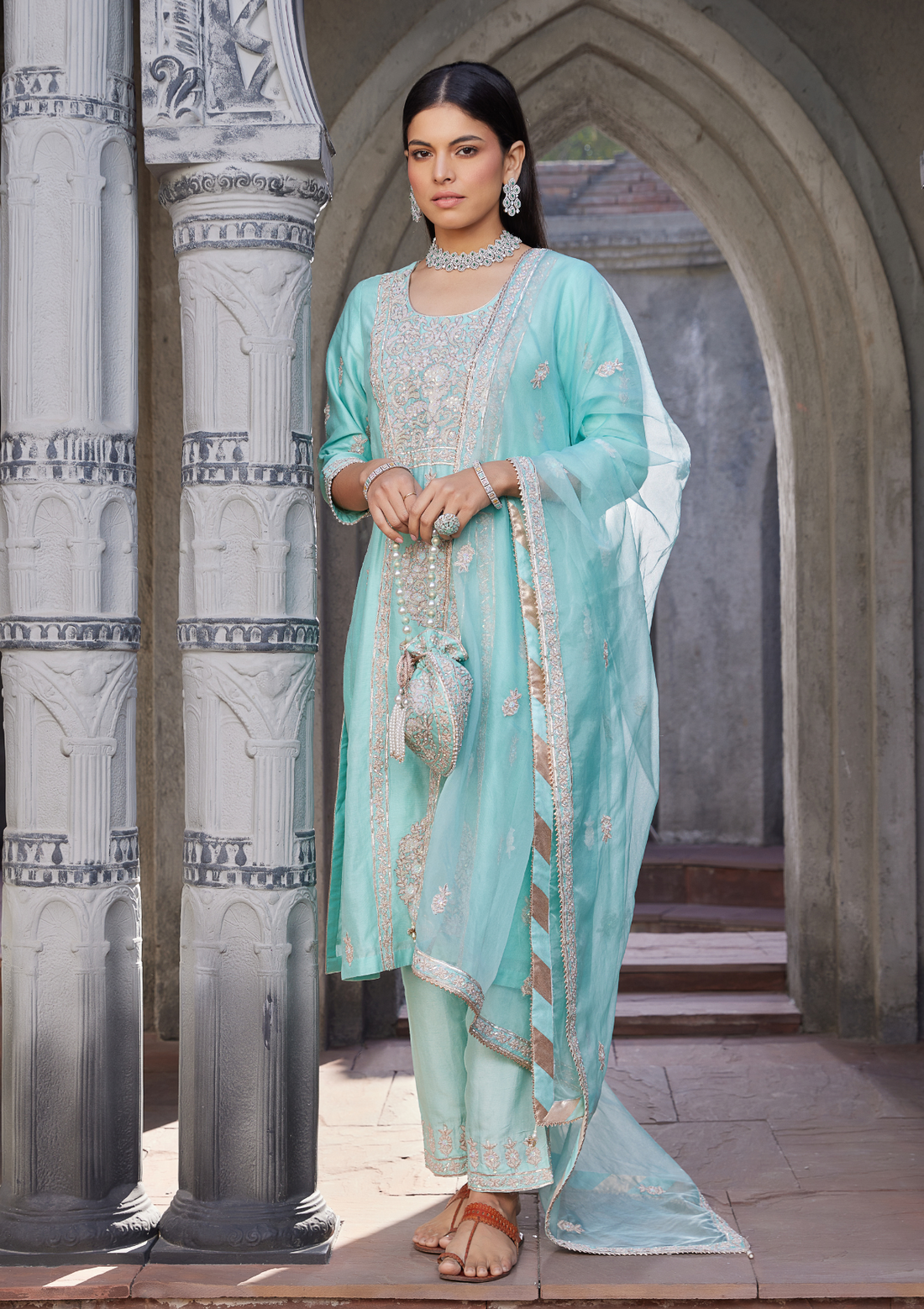 Turquoise Embroidered Chanderi Kurta Suit Set With Matching Potli Bag