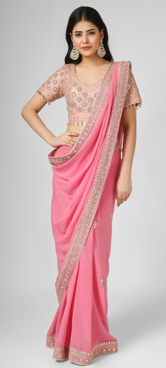 Pink Embroidered Georgette Saree Set