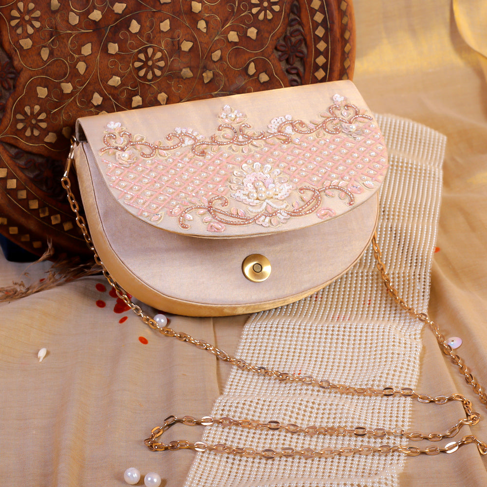 Peach Silk Tissue Hand Embroidery Clutch