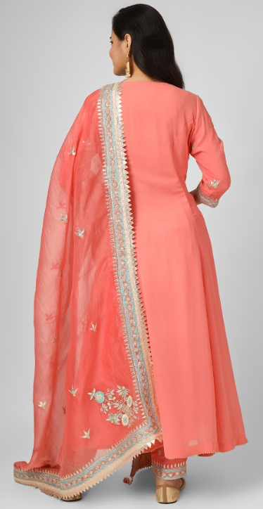 Orange Embroidered Georgette Anarkali Set