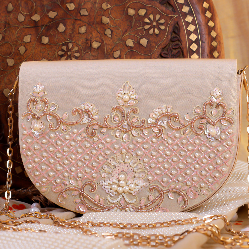 Peach Silk Tissue Hand Embroidery Clutch