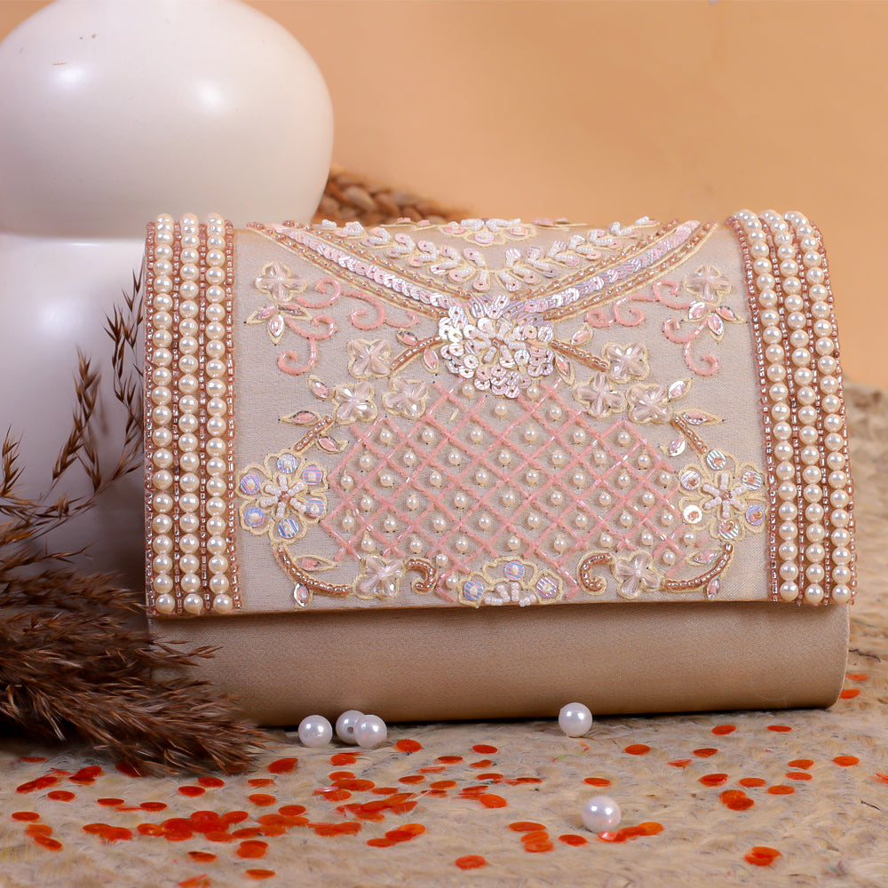 Peach Silk Tissue Hand Embroidery Clutch