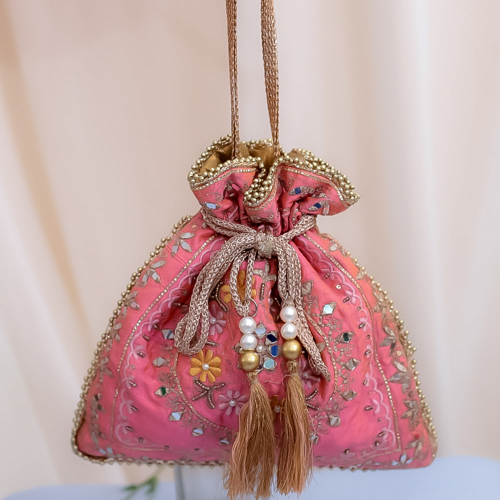 Pink Raw Silk Embroidered Potli Bag