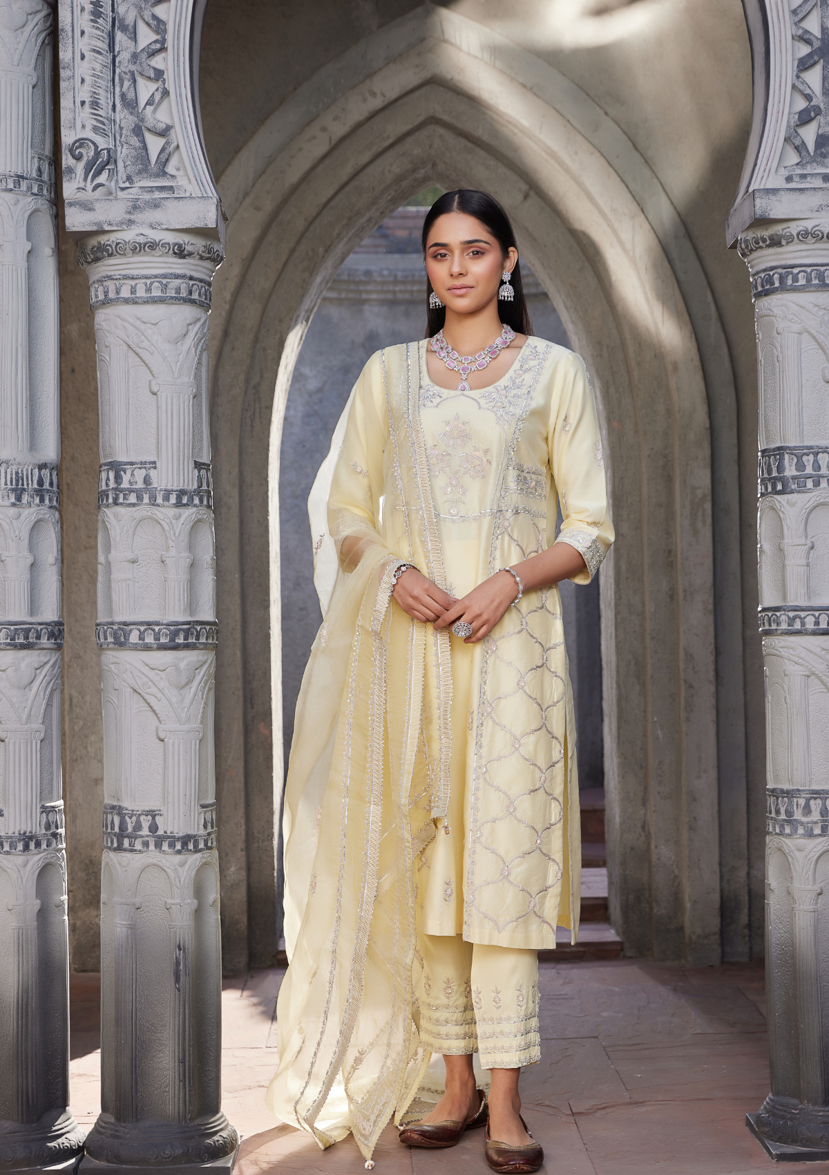 Yellow Embroidered Chanderi Kurta Set