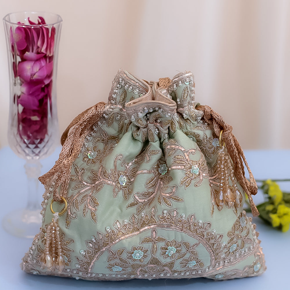 Green Raw Silk Embroidered Potli Bag