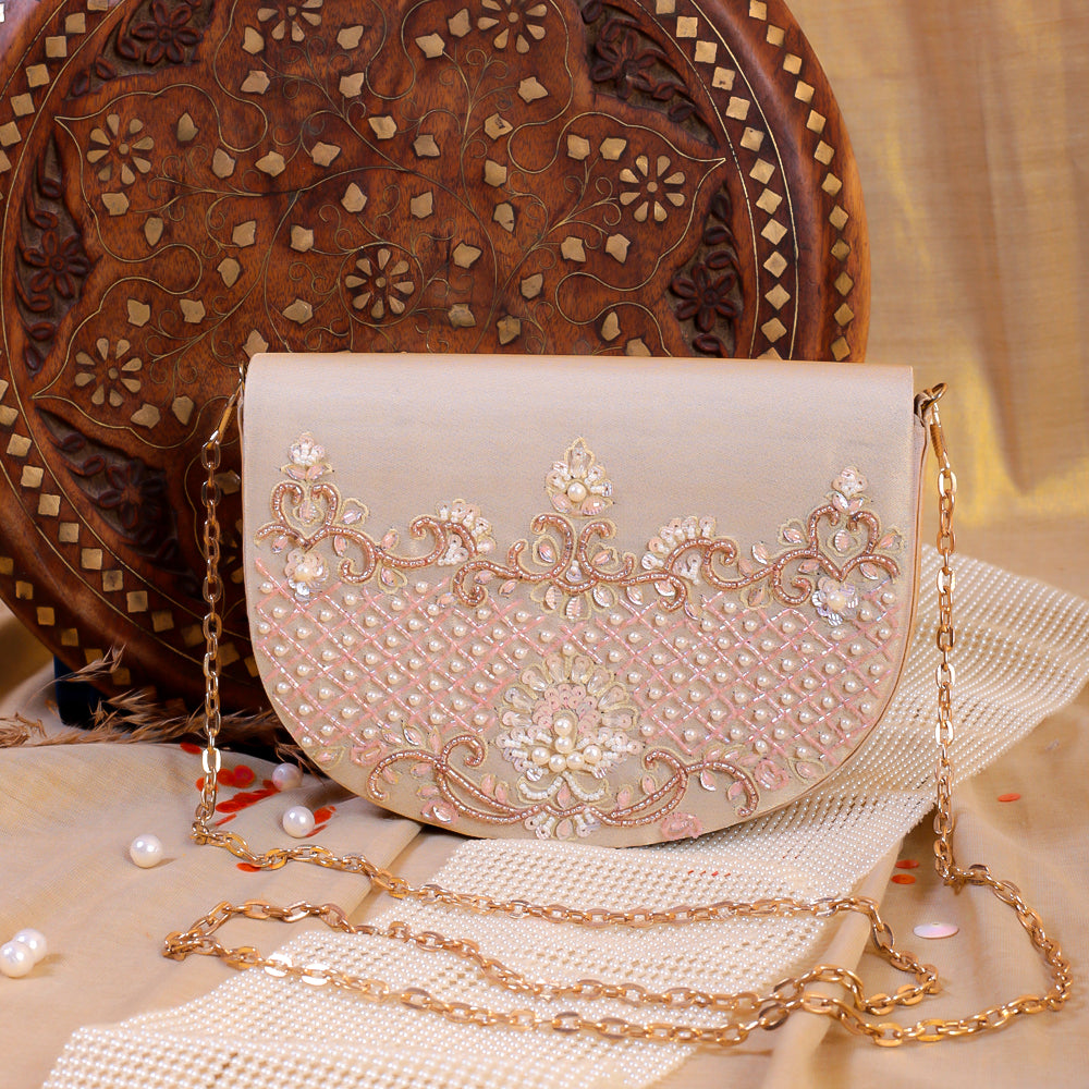 Peach Silk Tissue Hand Embroidery Clutch