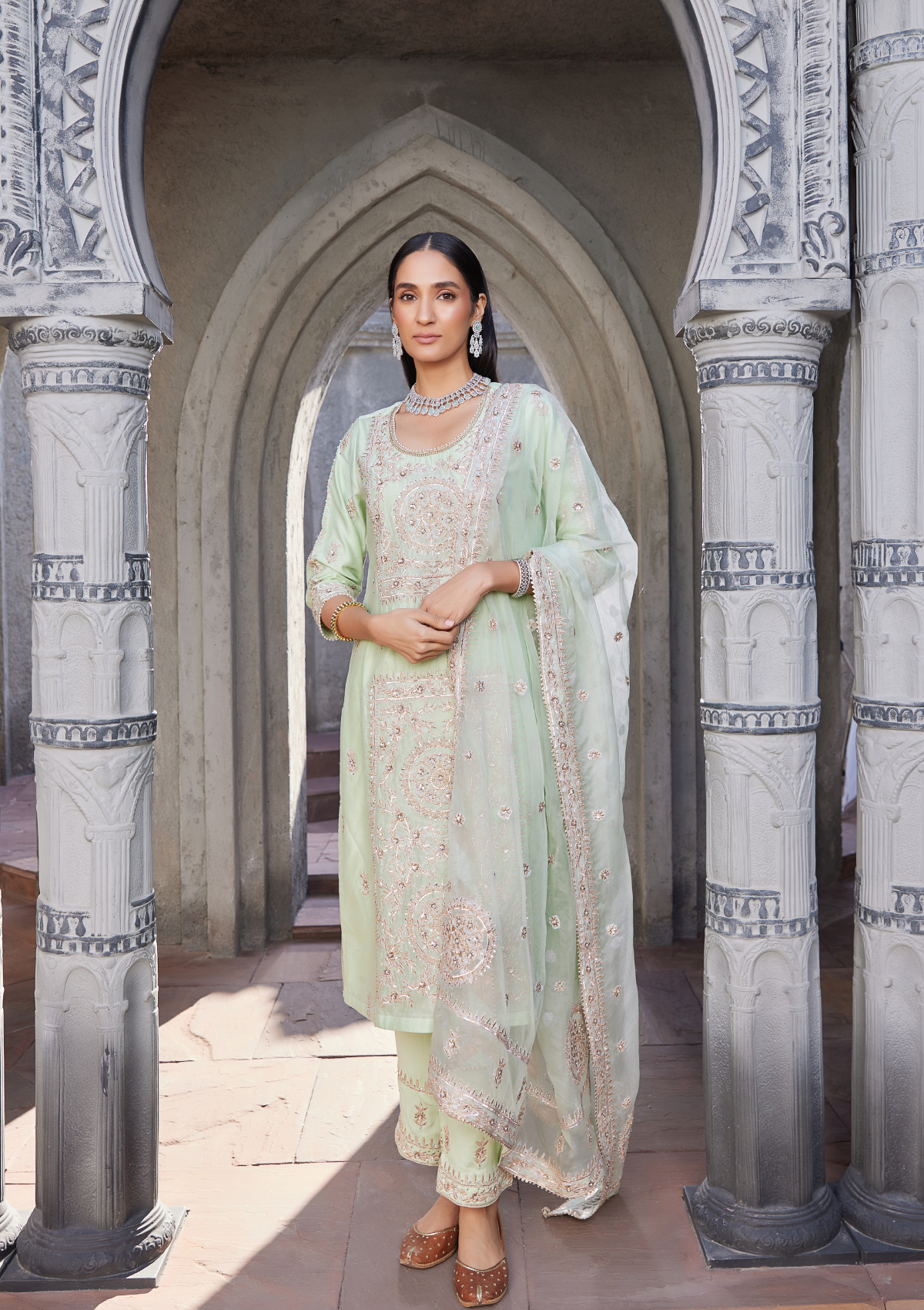 Mint Green Embroidered Chanderi Kurta Set  With Matching Potli Bag