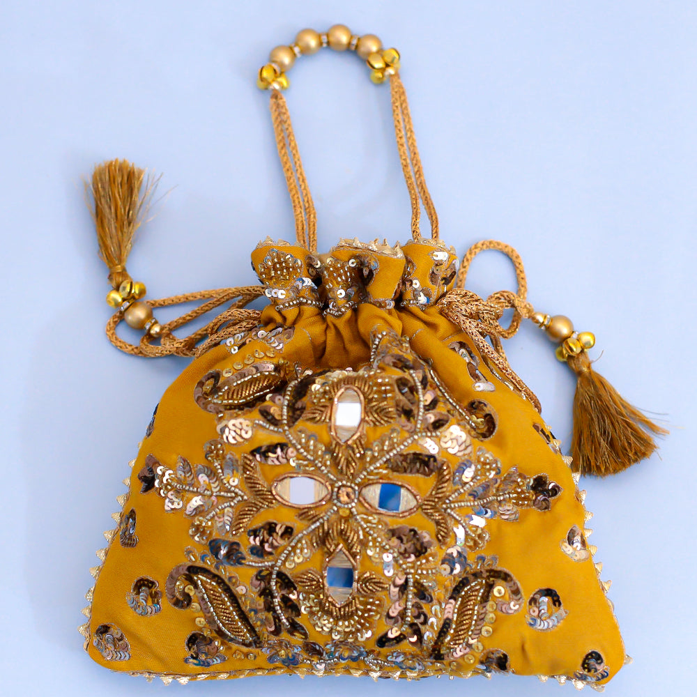 Yellow Raw Silk Embroidered Potli Bag