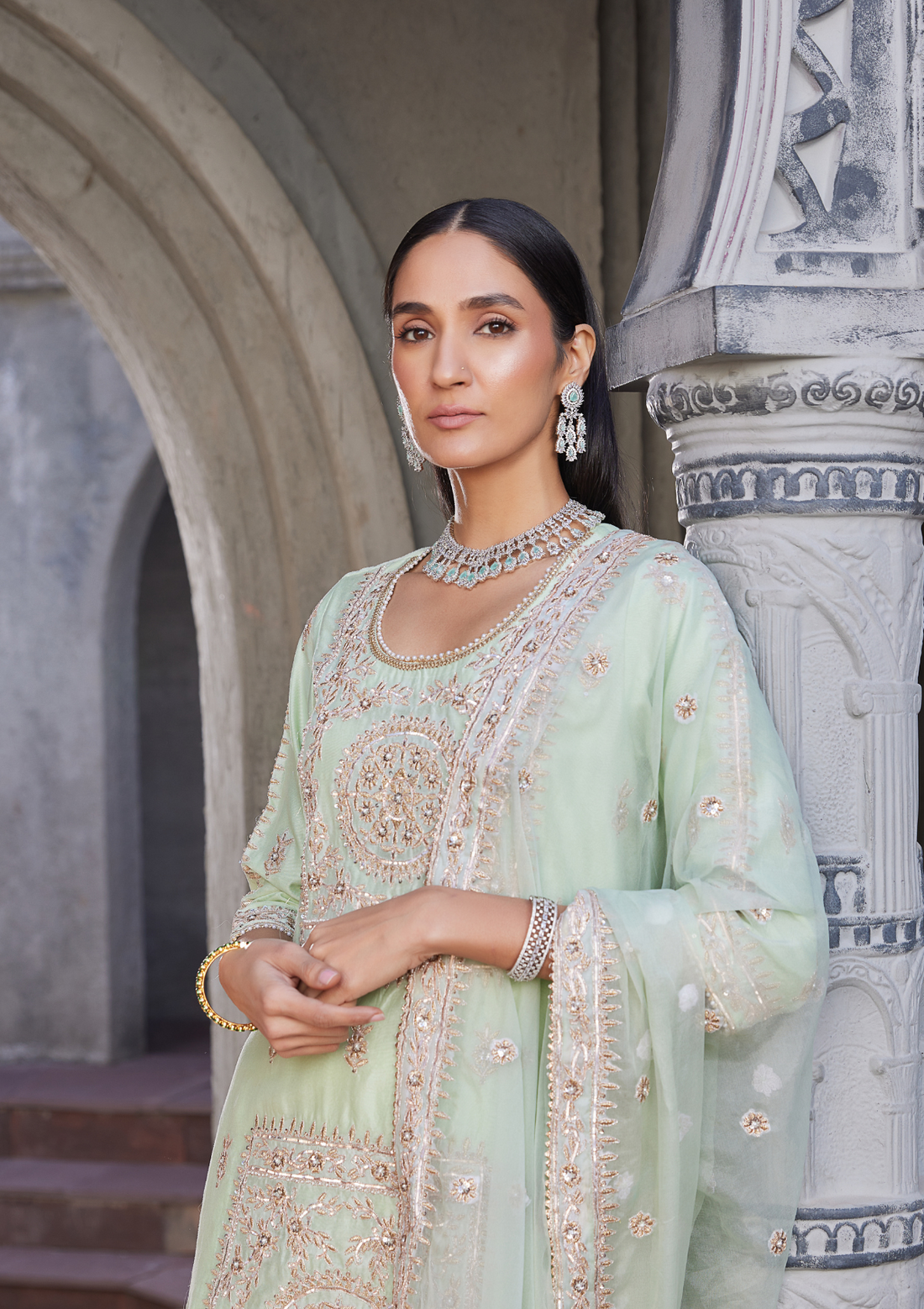 Mint Green Embroidered Chanderi Kurta Suit Set  With Matching Potli Bag