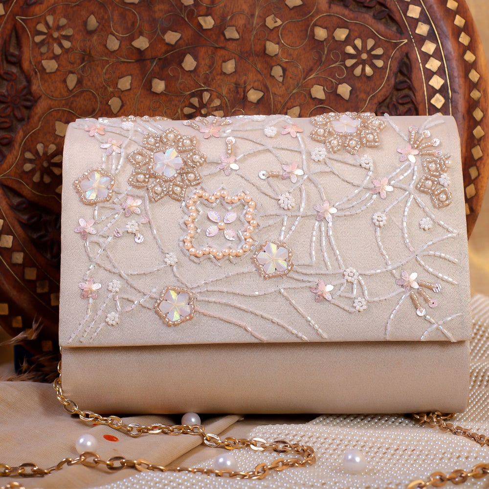 Rose Gold Silk Tissue Hand Embroidery Clutch