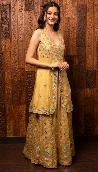 Yellow Embroidered Organza Kurta Sharara Set