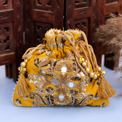 Yellow Raw Silk Embroidered Potli Bag