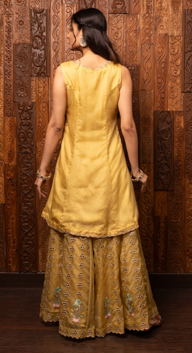 Yellow Embroidered Organza Kurta Sharara Set