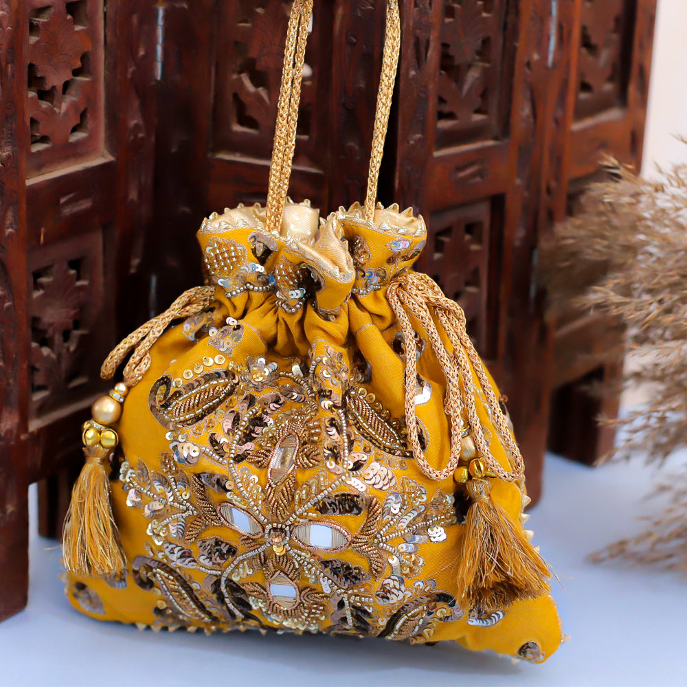 Yellow Raw Silk Embroidered Potli Bag