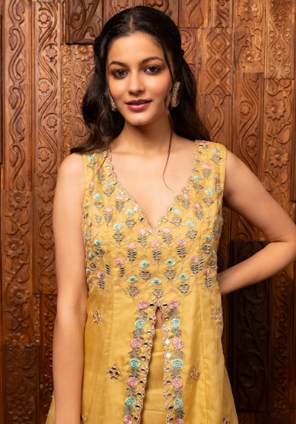 Yellow Embroidered Organza Kurta Sharara Set