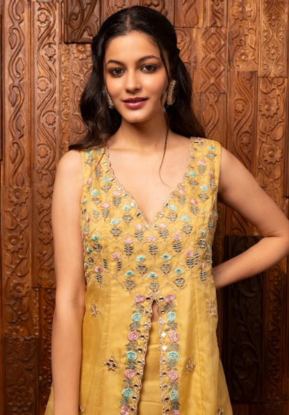 Yellow Embroidered Organza Kurta Sharara Set