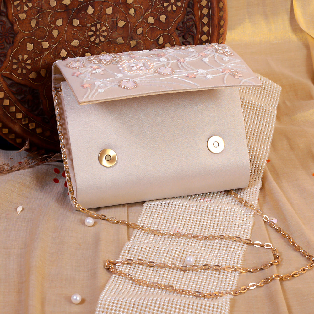 Rose Gold Silk Tissue Hand Embroidery Clutch