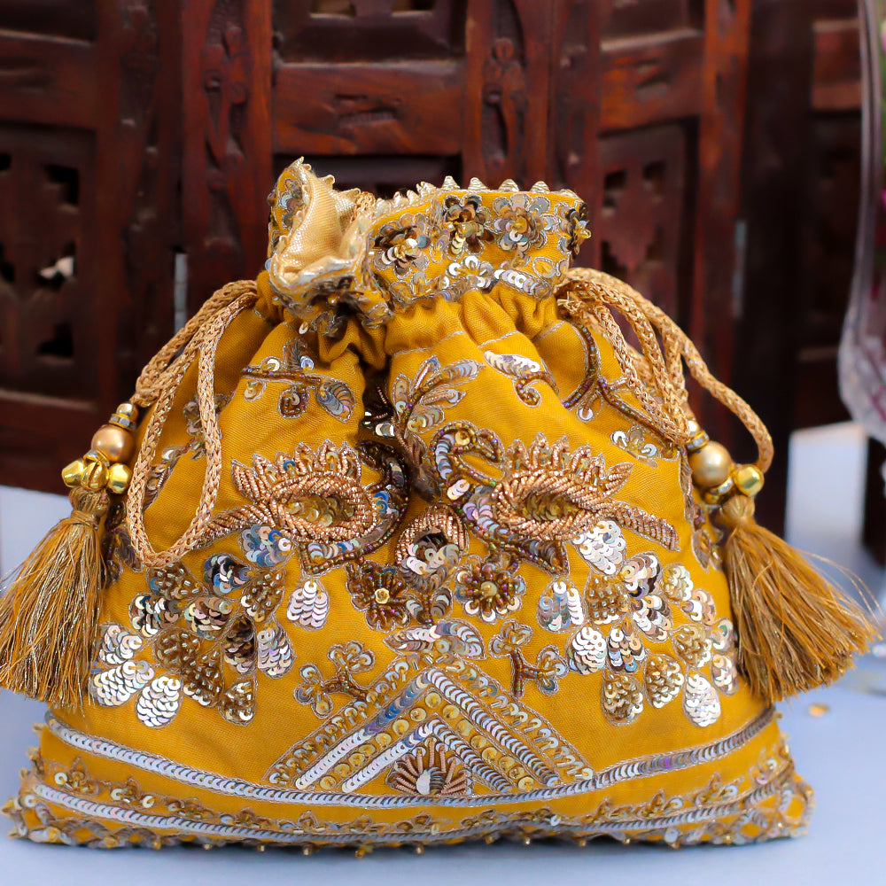 Yellow Raw Silk Embroidered Potli Bag