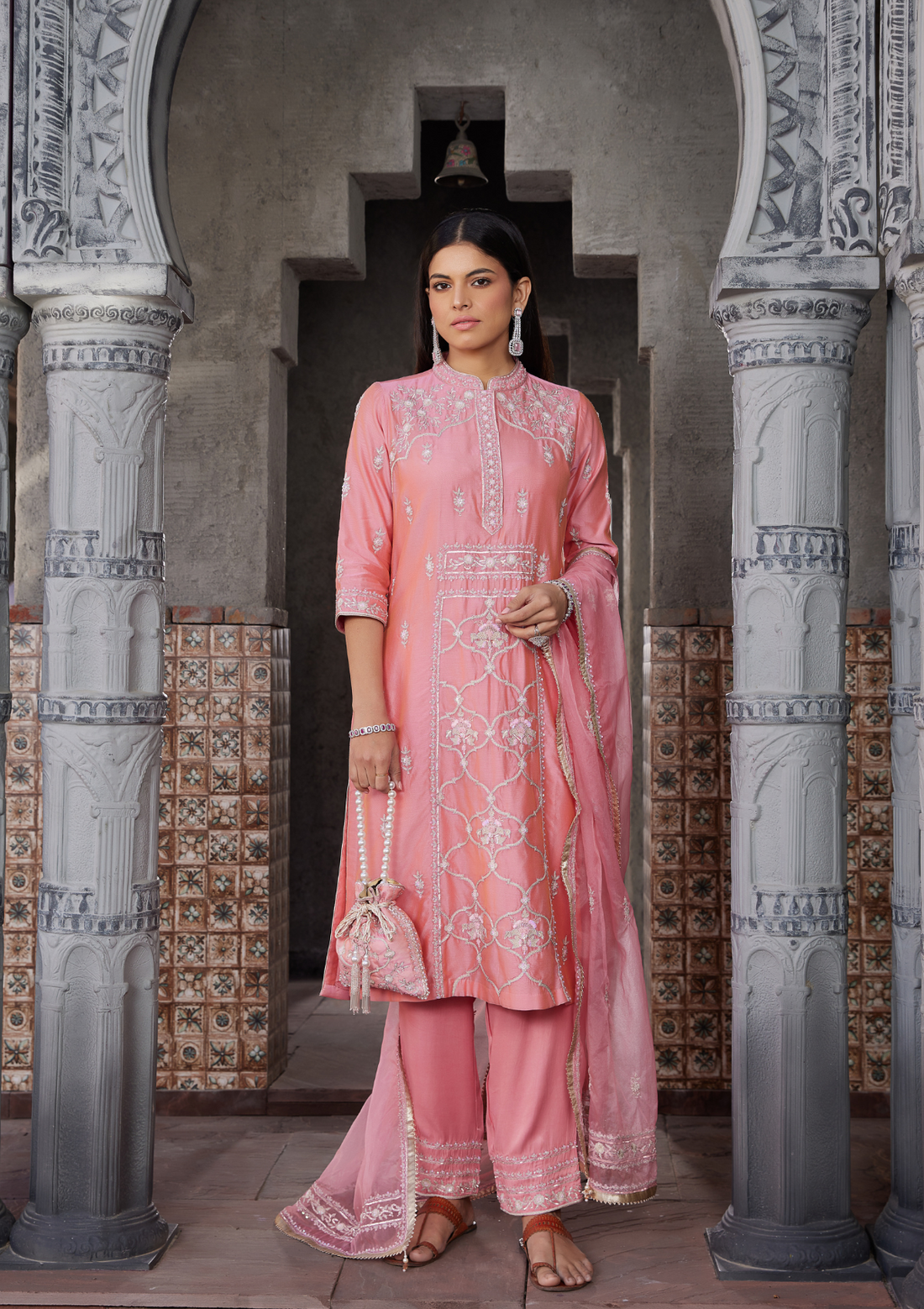 Pink Embroidered Chanderi Kurta Suit Set With Matching Potli Bag