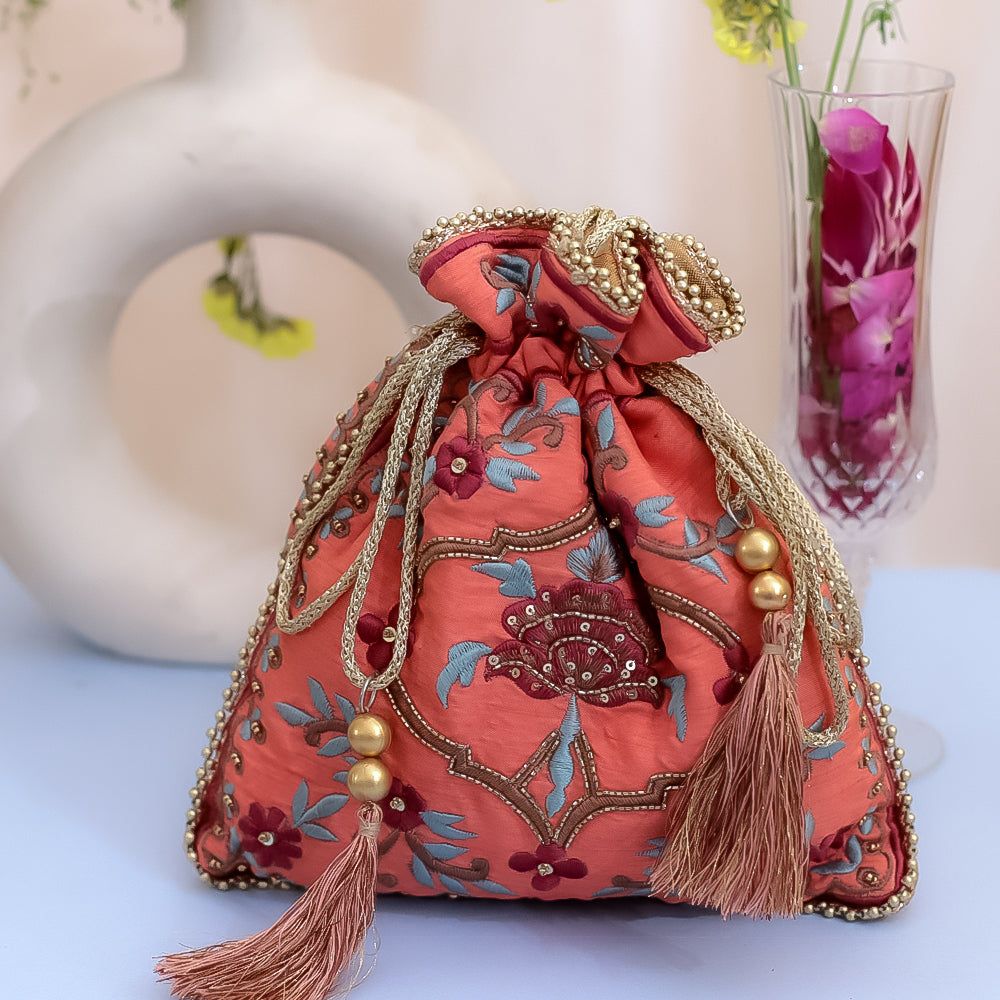 Pink Raw Silk Embroidered Potli Bag