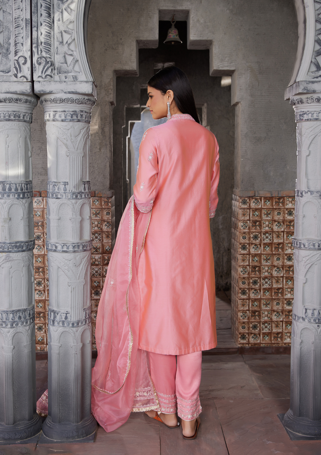 Pink Embroidered Chanderi Kurta Suit Set With Matching Potli Bag
