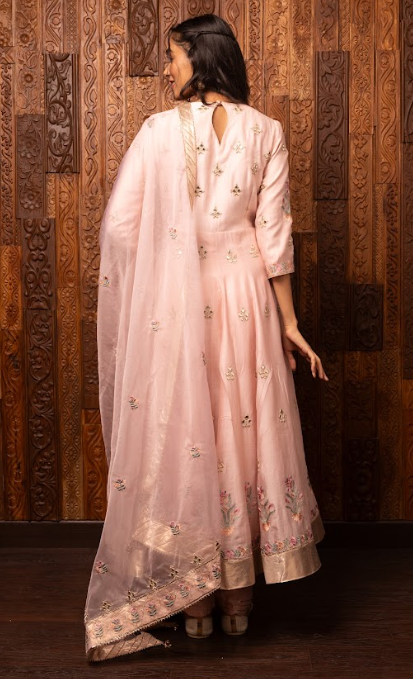 Light Pink Embroidered Silk Chanderi Kalidar Set