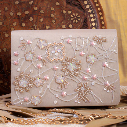 Rose Gold Silk Tissue Hand Embroidery Clutch