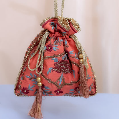 Pink Raw Silk Embroidered Potli Bag