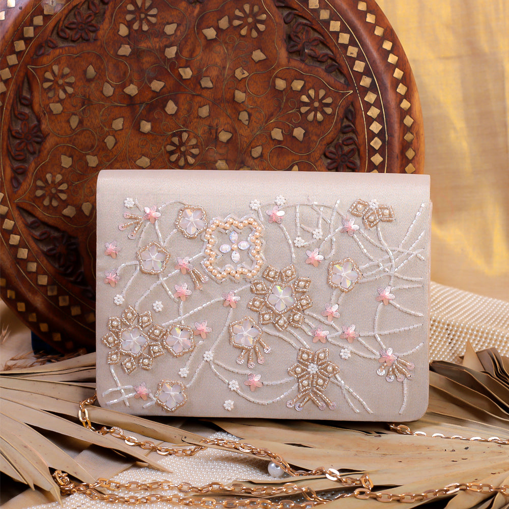 Rose Gold Silk Tissue Hand Embroidery Clutch