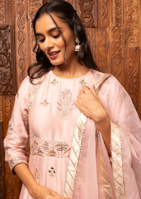 Light Pink Embroidered Silk Chanderi Kalidar Set