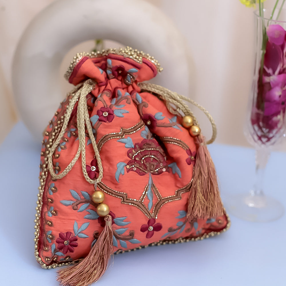 Pink Raw Silk Embroidered Potli Bag