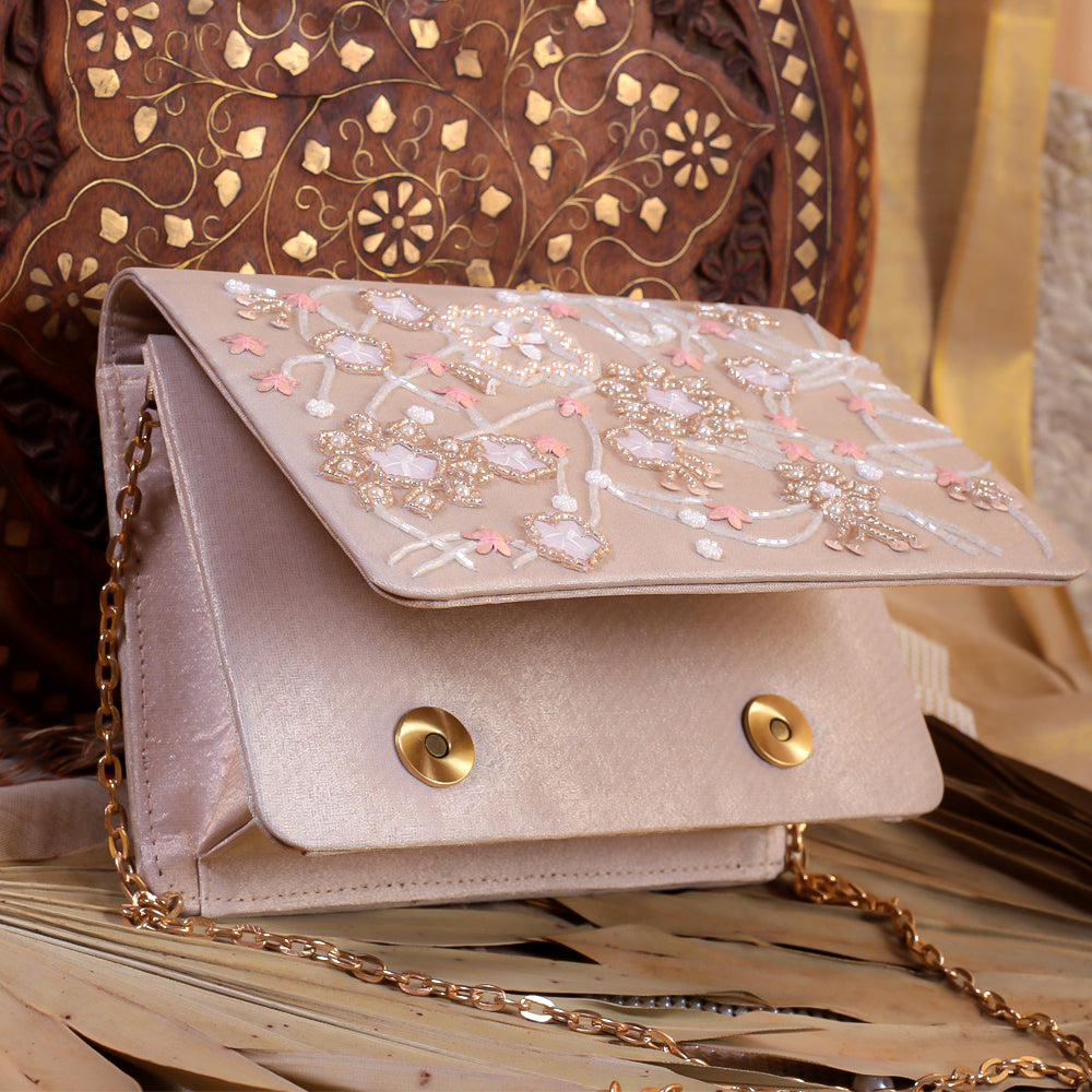 Rose Gold Silk Tissue Hand Embroidery Clutch