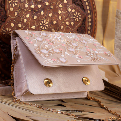 Rose Gold Silk Tissue Hand Embroidery Clutch