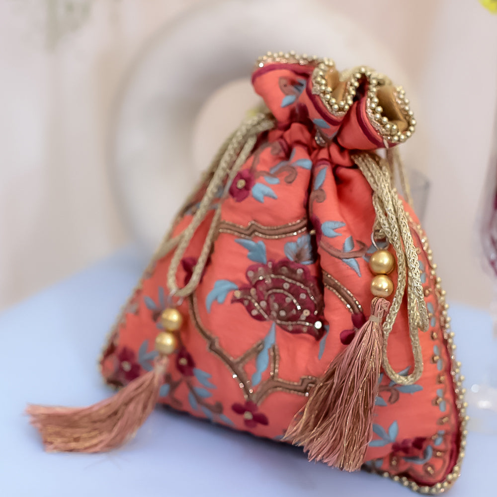 Pink Raw Silk Embroidered Potli Bag