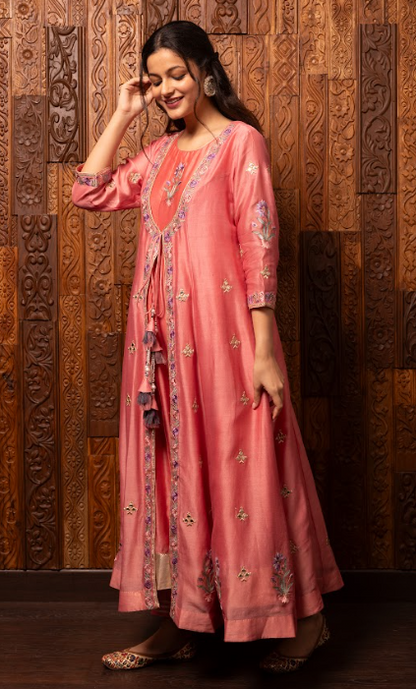 Pink Embroidered Silk Chanderi Kalidar Set