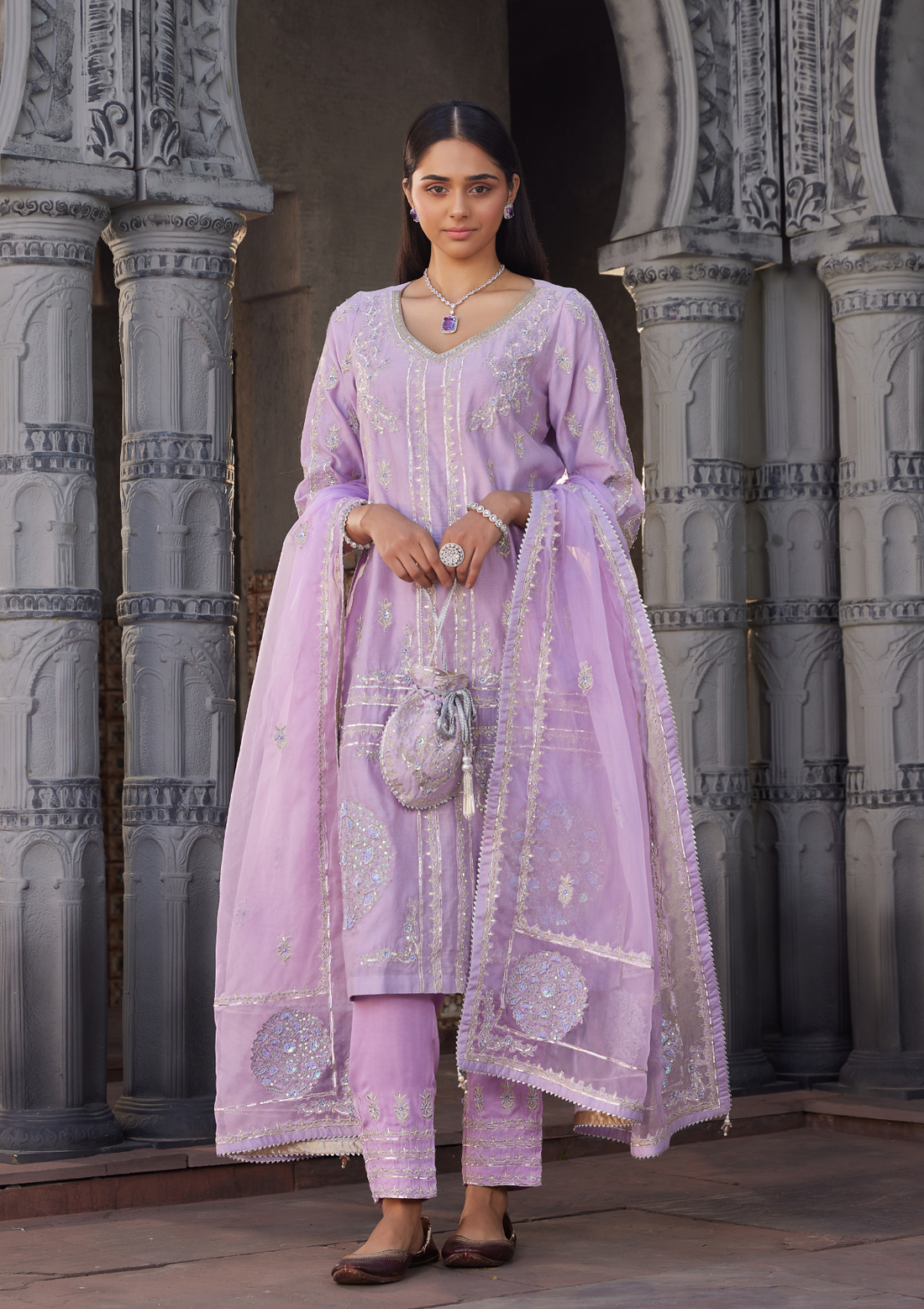 Mauve Embroidered Chanderi Kurta Suit Set  With Matching Potli Bag
