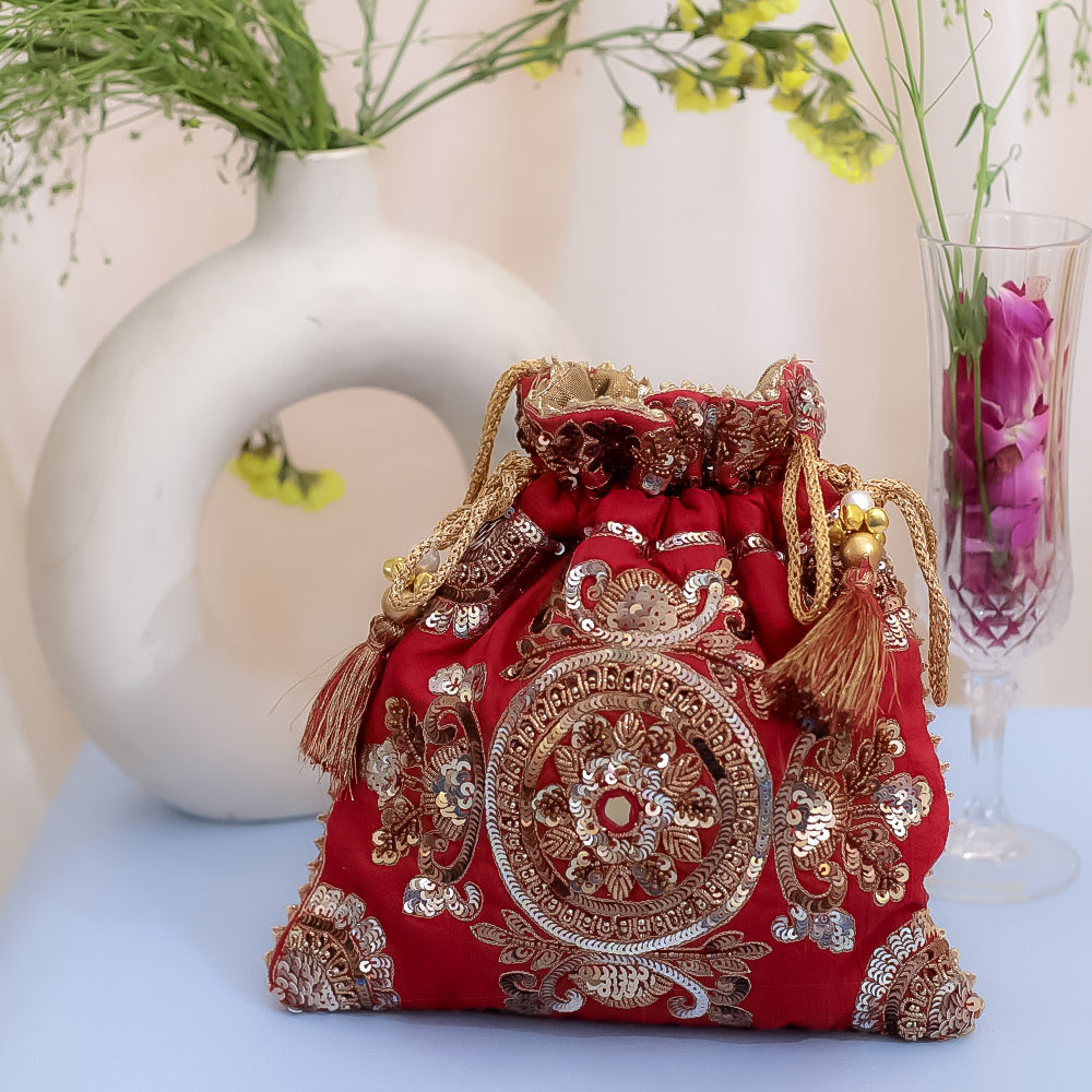 Red Raw Silk Embroidered Potli Bag