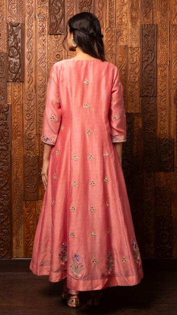 Pink Embroidered Silk Chanderi Kalidar Set