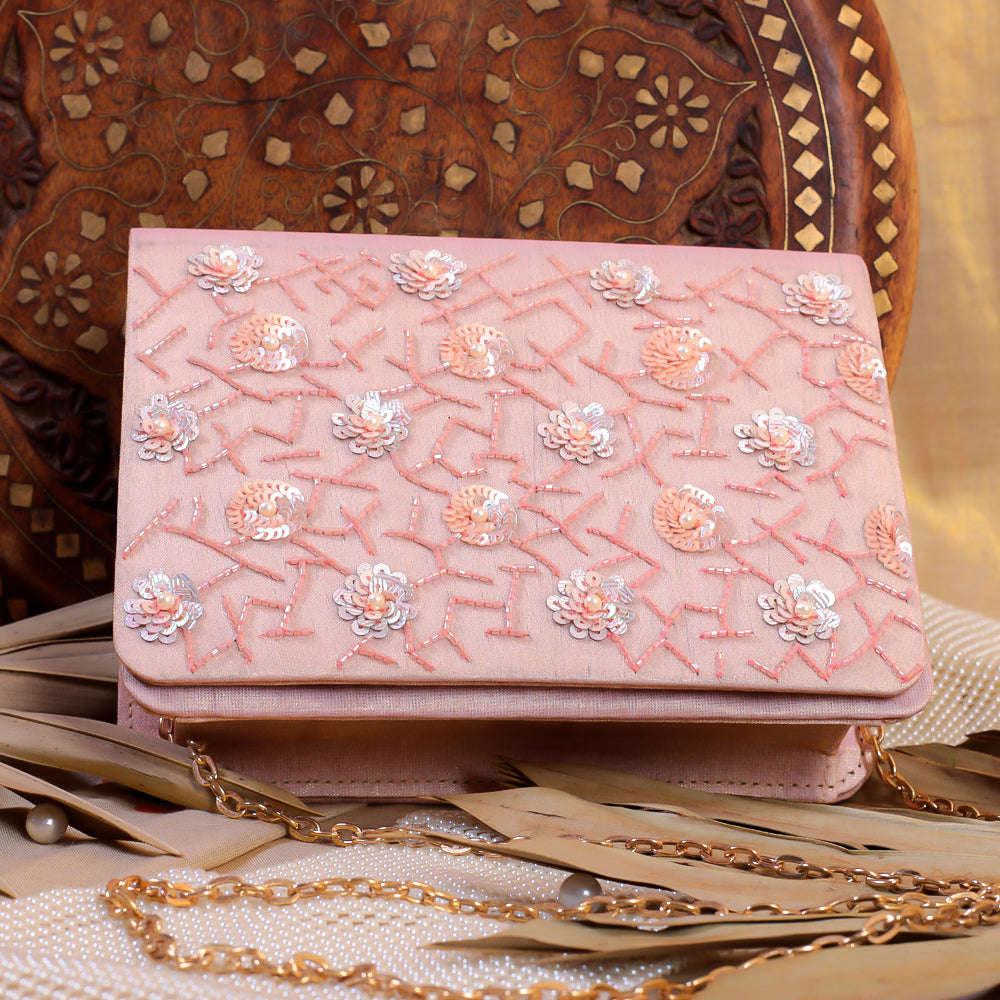 Pink Silk Tissue Hand Embroidery Clutch