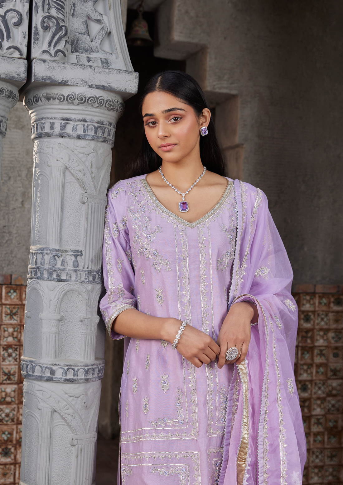 Mauve Embroidered Chanderi Kurta Suit Set  With Matching Potli Bag