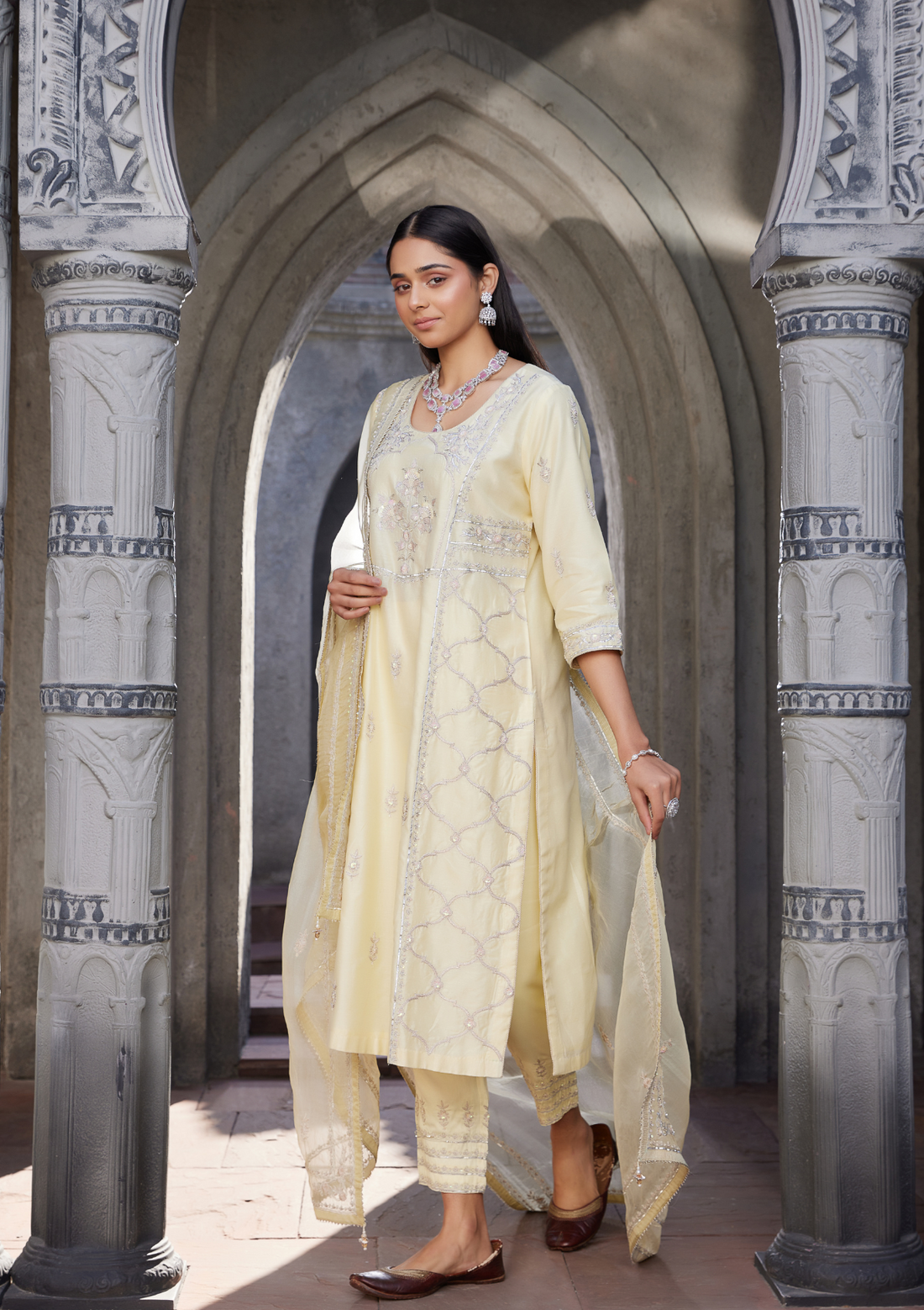 Yellow Embroidered Chanderi Kurta Suit Set With Matching Potli Bag