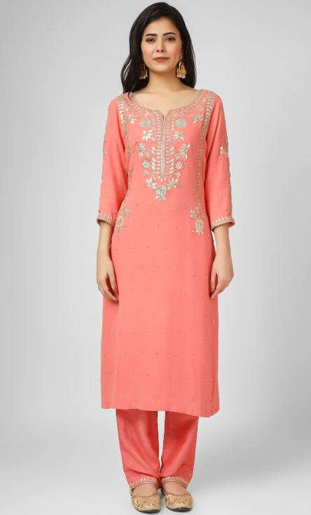 Orange Embroidered Georgette Kurta Suit Set