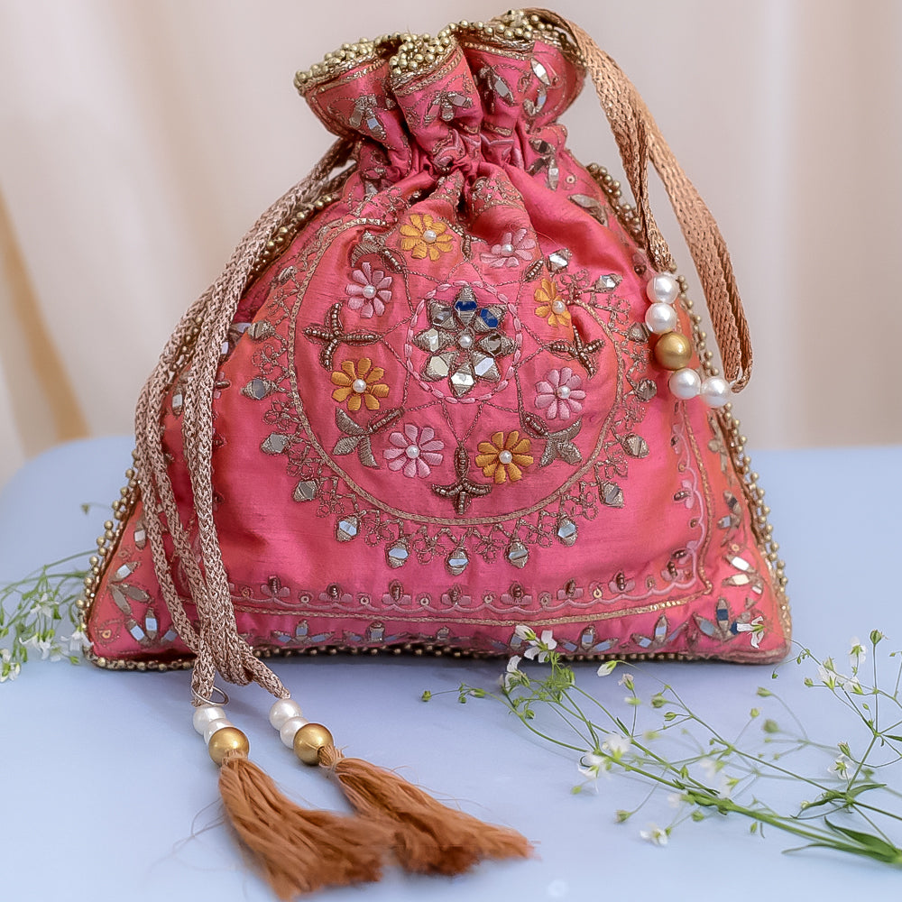 Pink Raw Silk Embroidered Potli Bag